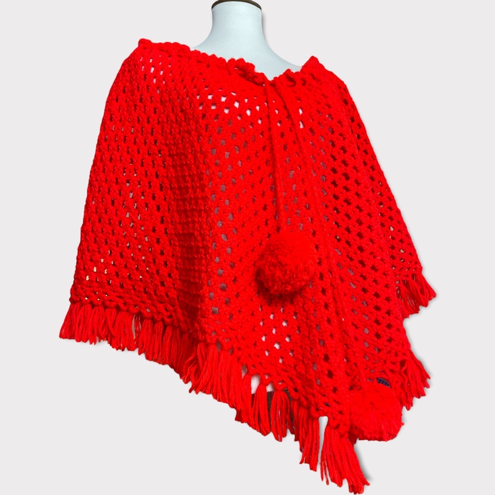 70’s Red Fringed Crocheted Knit Poncho.